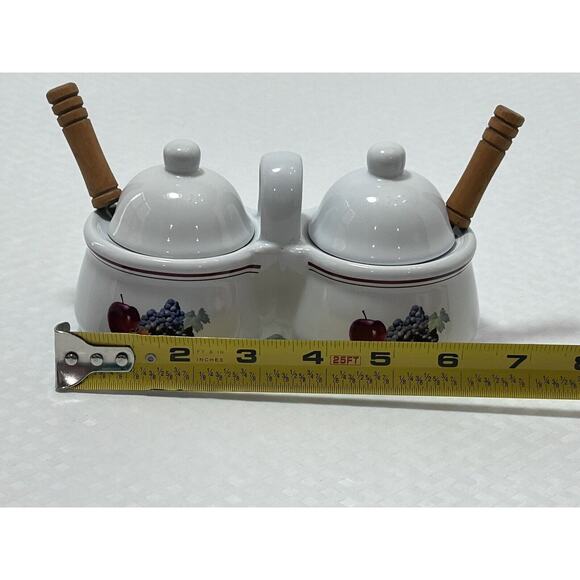 VTG Houston Harvest Ceramic Double Condiment/Jelly Bowls, White W/ Fruit Design - Picture 9 of 10